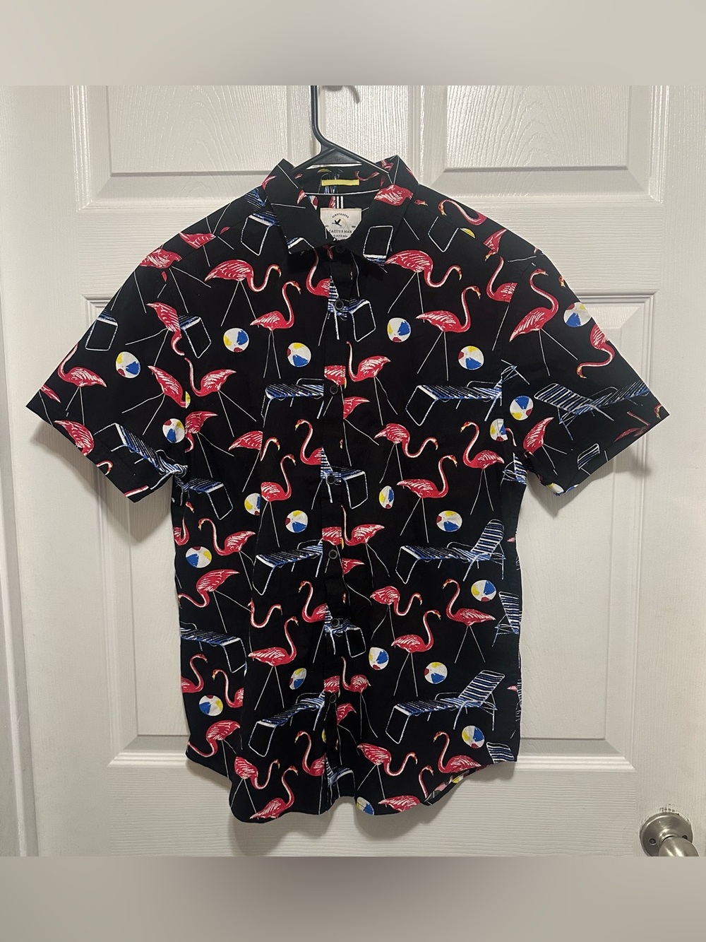 Black Flamingo Print Short-Sleeve Button-Up Shirt